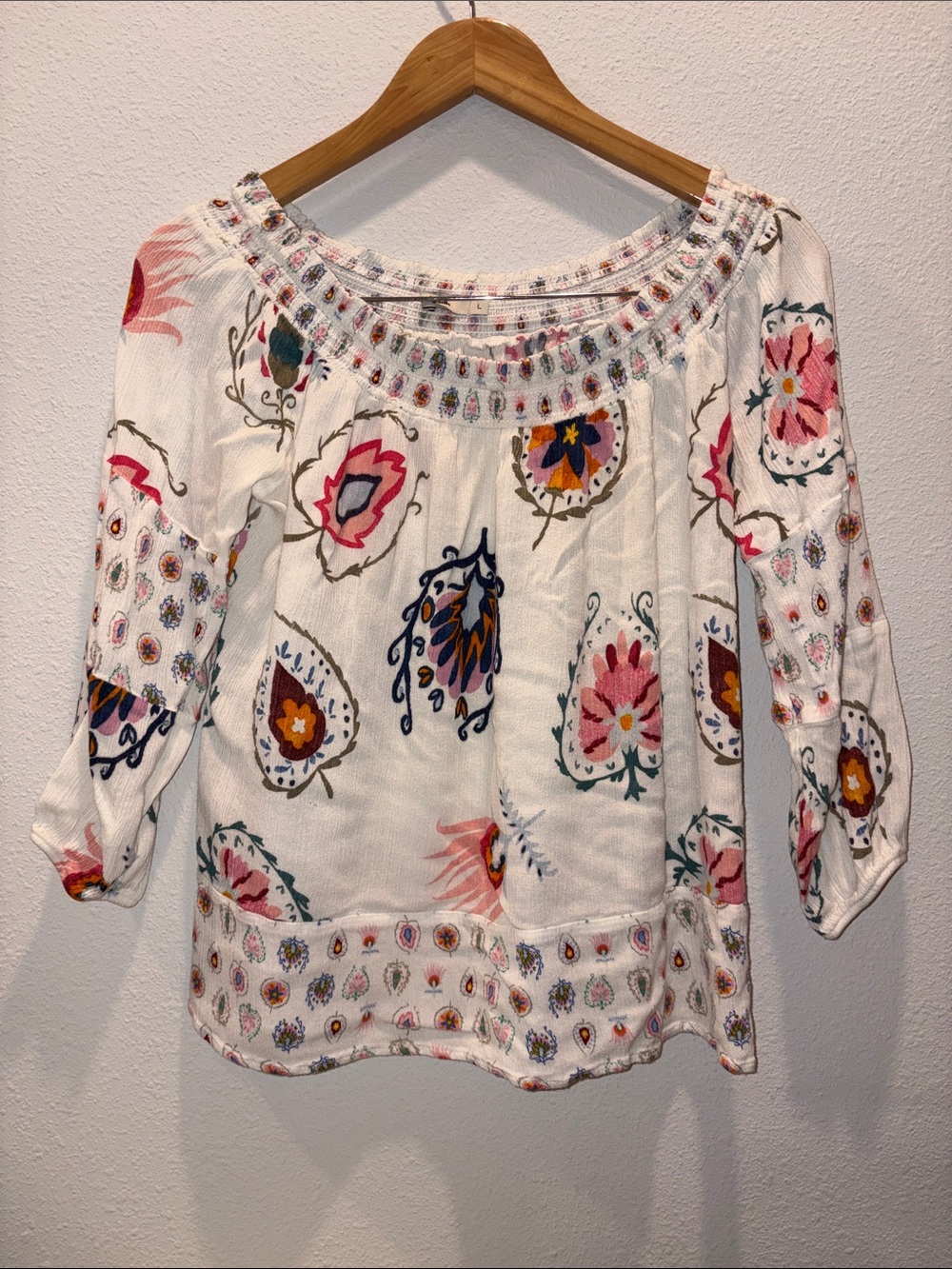Desigual White Floral Embroidered Peasant Blouse with Pink & Navy Accents